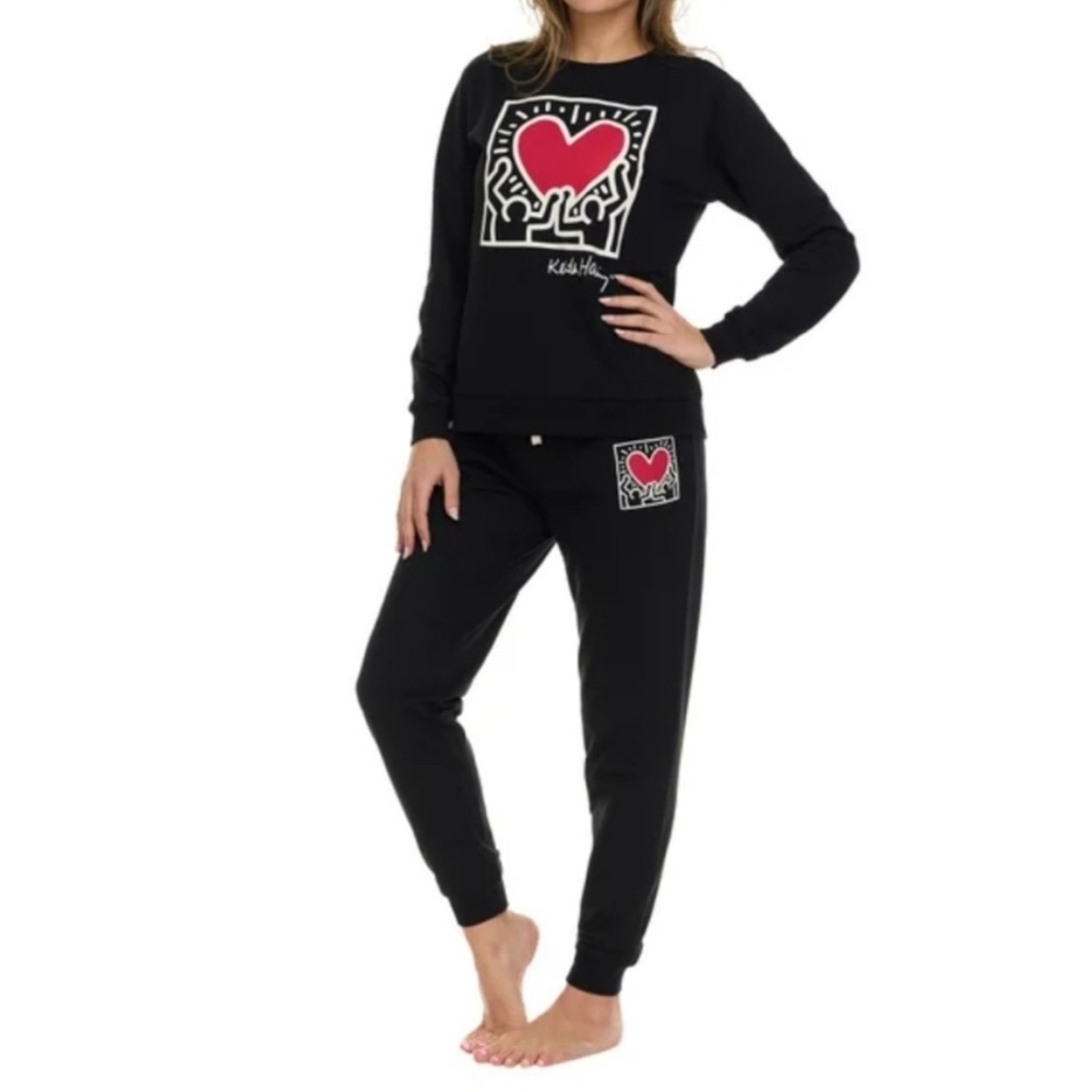 Keith Haring Lounge Set Women Medium Heart Crewneck Long Sleeves Relaxed Fit